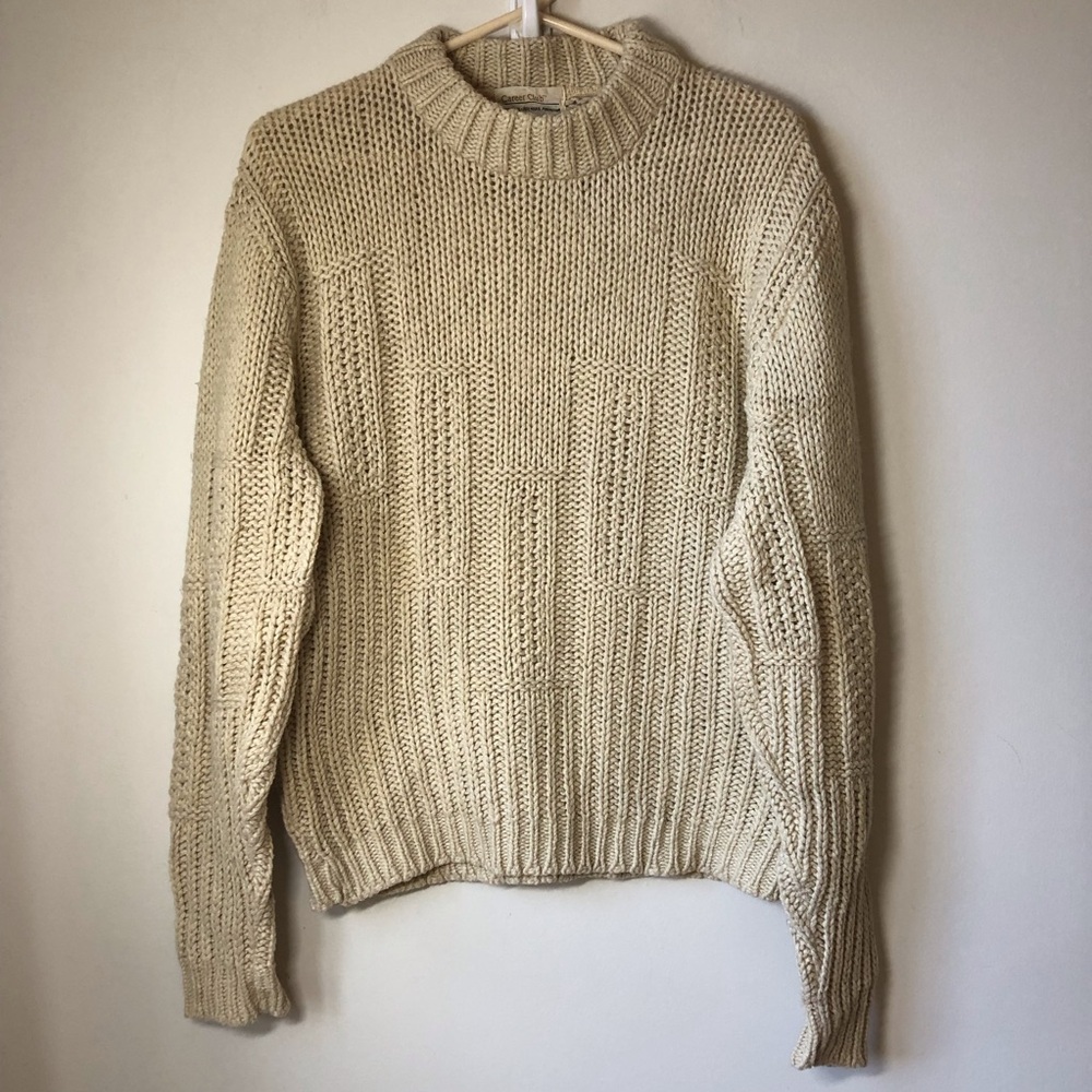 Vintage wool blend chunky knit fisherman crew neck sweater cream